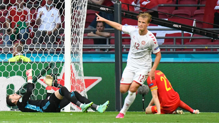 Kasper Dolberg scores for Denmark vs. Wales at the Euros